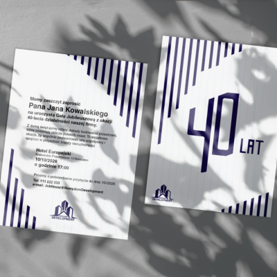 Nowoczesne zaproszenie na 40-lecie firmy z motywem architektonicznych linii. Idealne na jubileusz, galę i wydarzenia biznesowe. Personalizacja i druk premium.